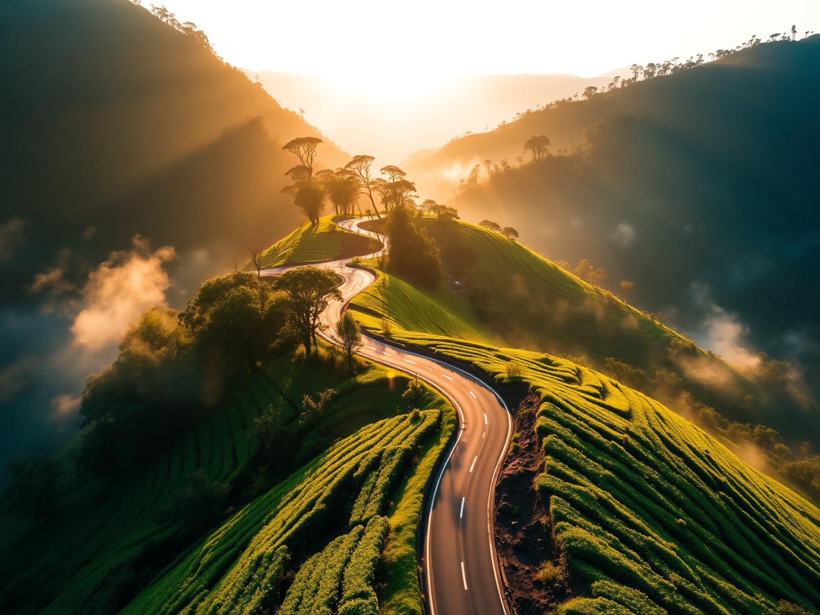 Scenic mountain road through lush tea plantations in South India